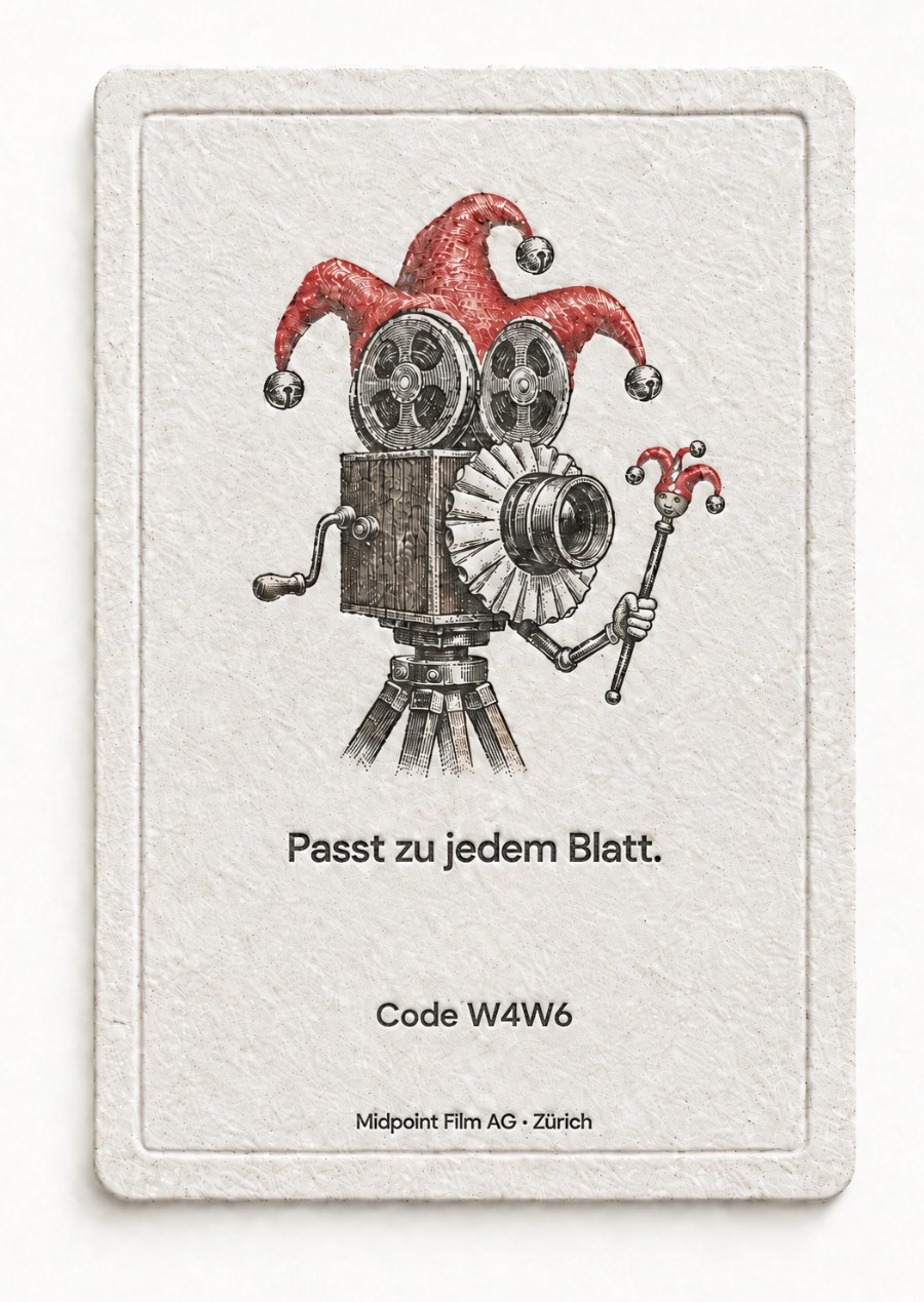 Rückseite: eine Filmkamera als Joker verkleidet. Passt zu jedem Blatt. Code W4W6.